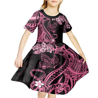 Polynesian Floral Butterfly Kid Short Sleeve Dress Breast Cancer Pink Ribbon - Wonder Print Shop