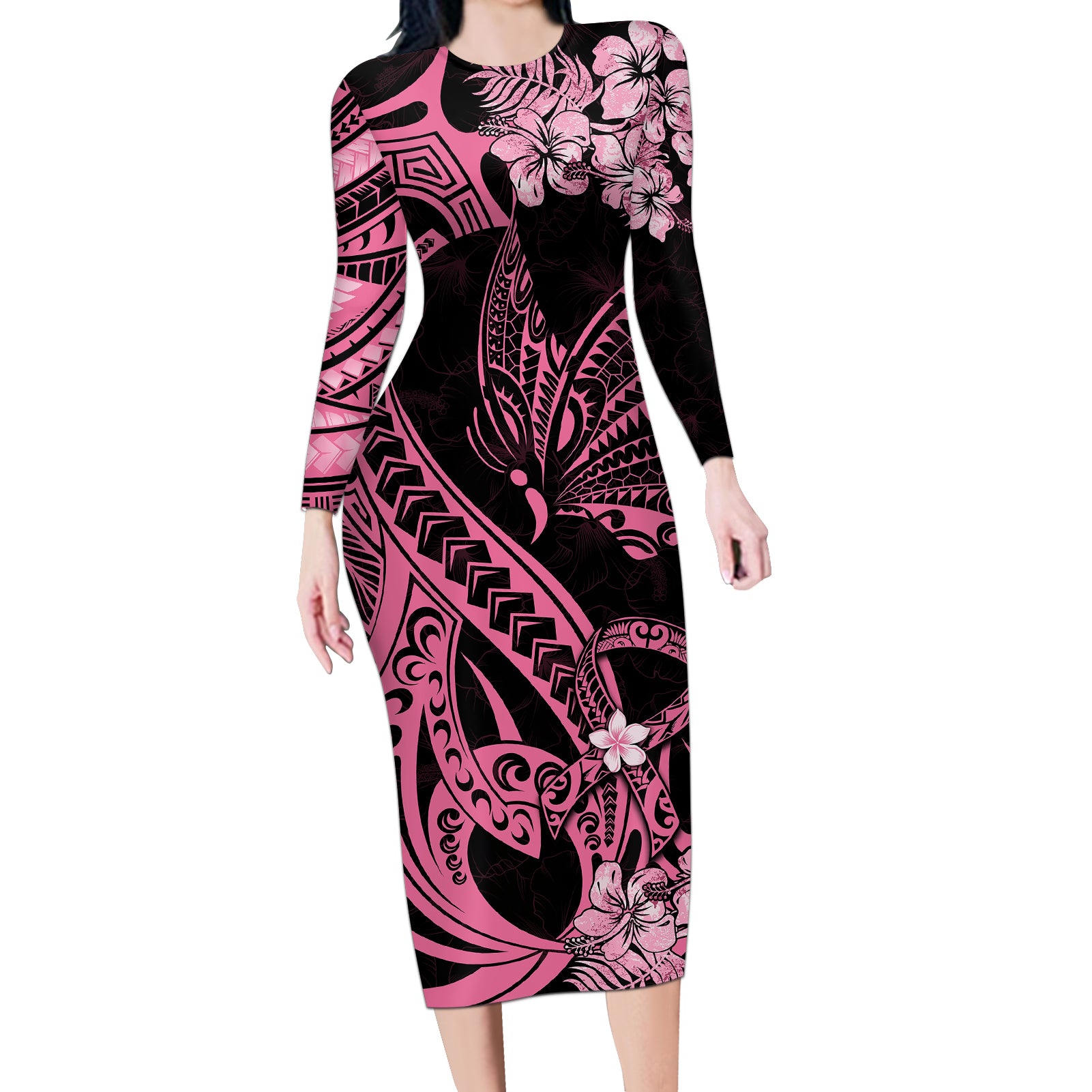 Polynesian Floral Butterfly Long Sleeve Bodycon Dress Breast Cancer Pink Ribbon - Wonder Print Shop