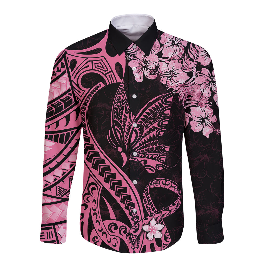 Polynesian Floral Butterfly Long Sleeve Button Shirt Breast Cancer Pink Ribbon - Wonder Print Shop