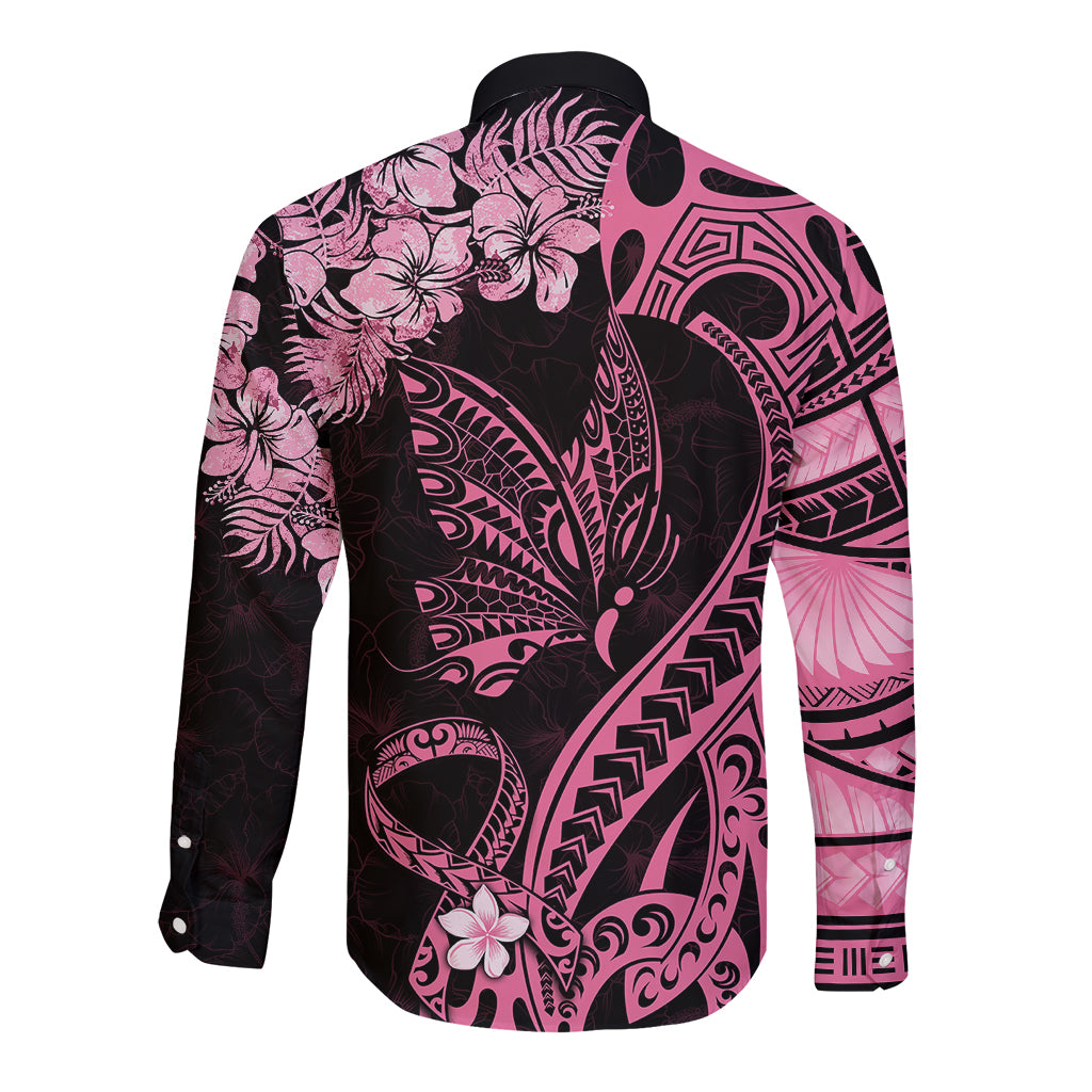 Polynesian Floral Butterfly Long Sleeve Button Shirt Breast Cancer Pink Ribbon - Wonder Print Shop