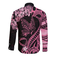 Polynesian Floral Butterfly Long Sleeve Button Shirt Breast Cancer Pink Ribbon - Wonder Print Shop