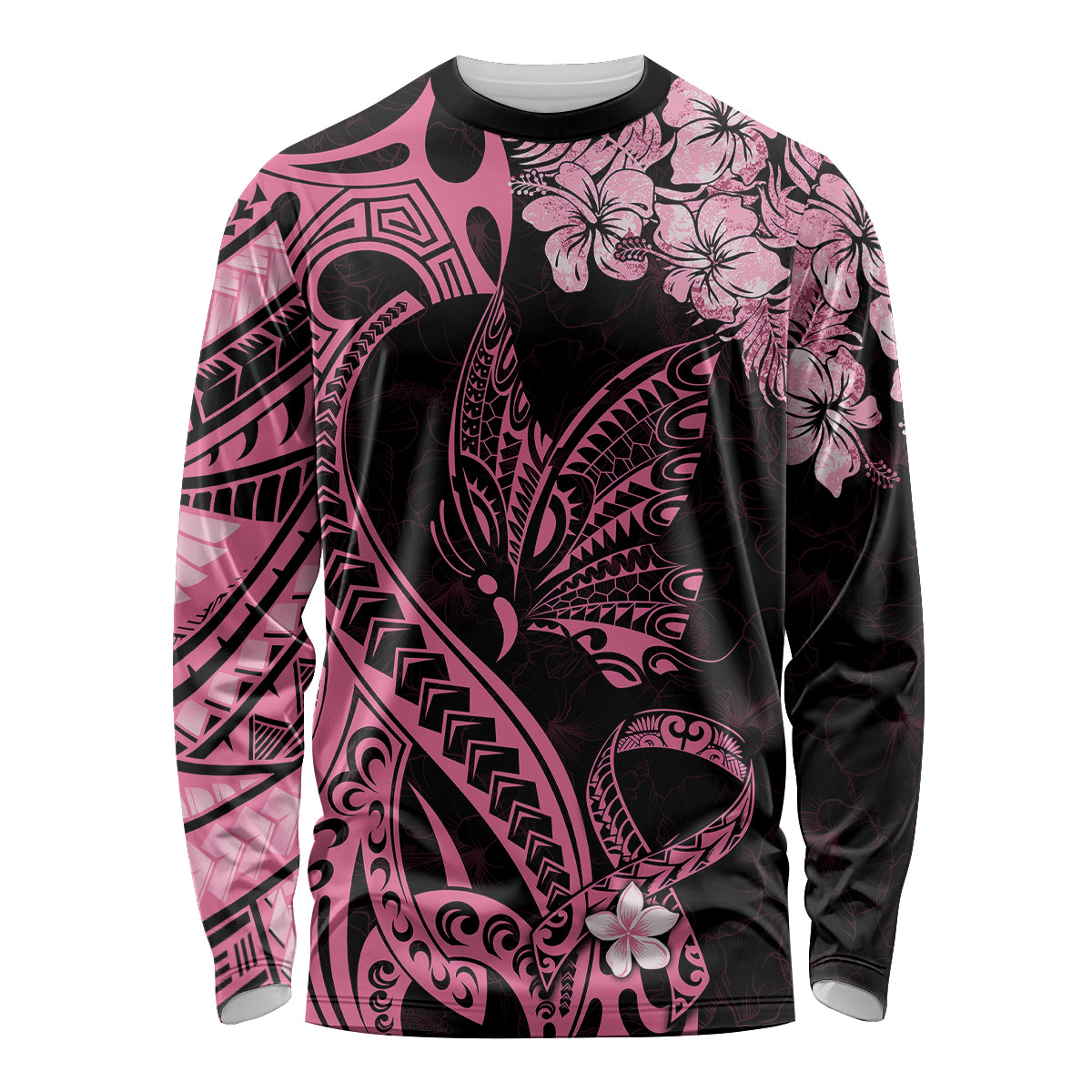 Polynesian Floral Butterfly Long Sleeve Shirt Breast Cancer Pink Ribbon - Wonder Print Shop
