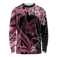 Polynesian Floral Butterfly Long Sleeve Shirt Breast Cancer Pink Ribbon - Wonder Print Shop