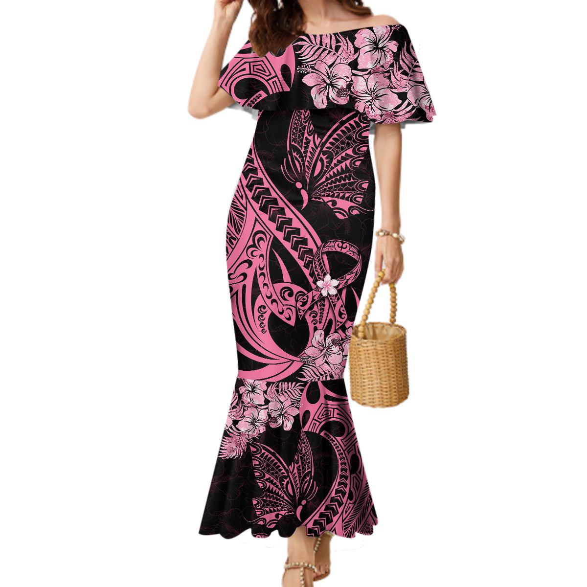Polynesian Floral Butterfly Mermaid Dress Breast Cancer Pink Ribbon - Wonder Print Shop