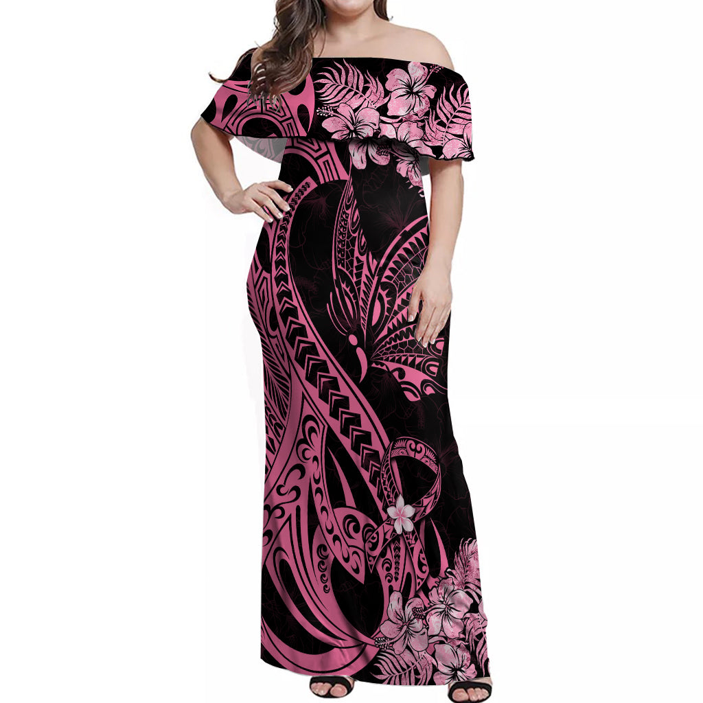 Polynesian Floral Butterfly Off Shoulder Maxi Dress Breast Cancer Pink Ribbon - Wonder Print Shop
