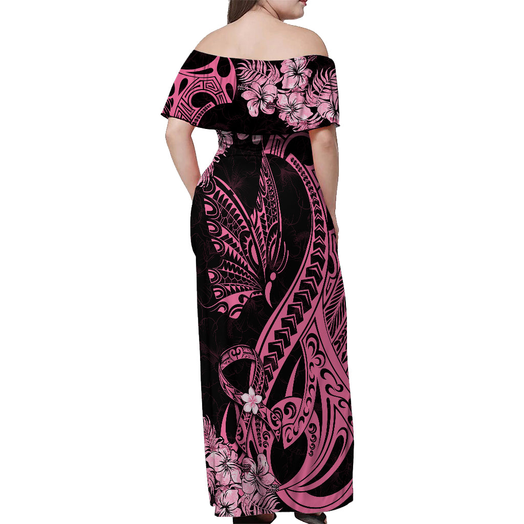 Polynesian Floral Butterfly Off Shoulder Maxi Dress Breast Cancer Pink Ribbon - Wonder Print Shop