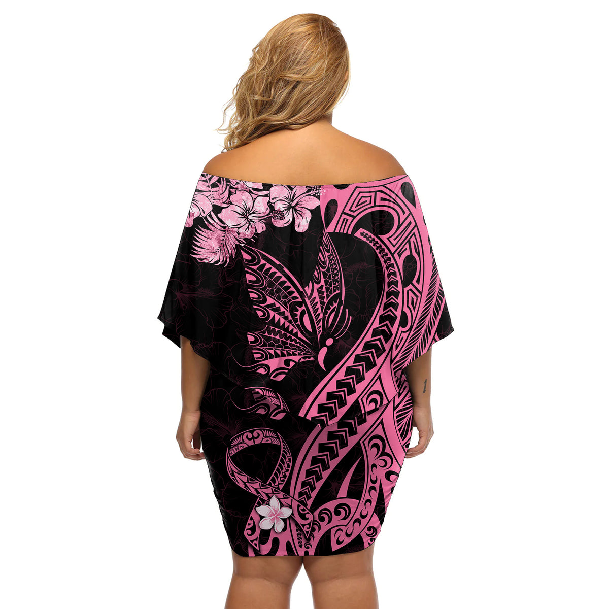 Polynesian Floral Butterfly Off Shoulder Short Dress Breast Cancer Pink Ribbon - Wonder Print Shop