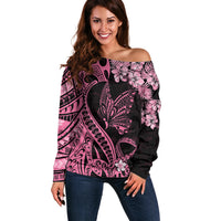 Polynesian Floral Butterfly Off Shoulder Sweater Breast Cancer Pink Ribbon - Wonder Print Shop