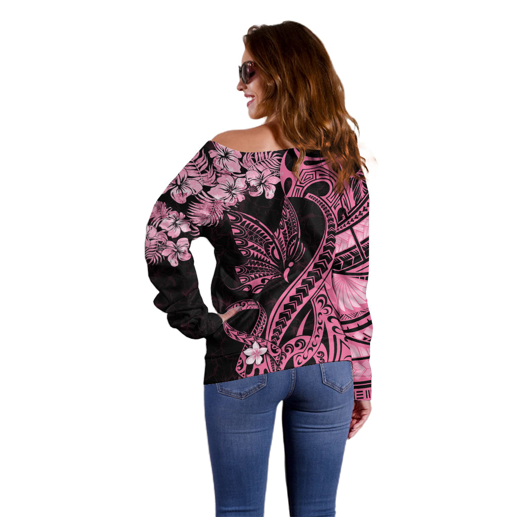 Polynesian Floral Butterfly Off Shoulder Sweater Breast Cancer Pink Ribbon - Wonder Print Shop