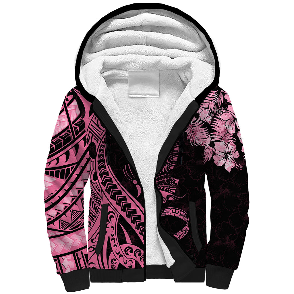 Polynesian Floral Butterfly Sherpa Hoodie Breast Cancer Pink Ribbon - Wonder Print Shop
