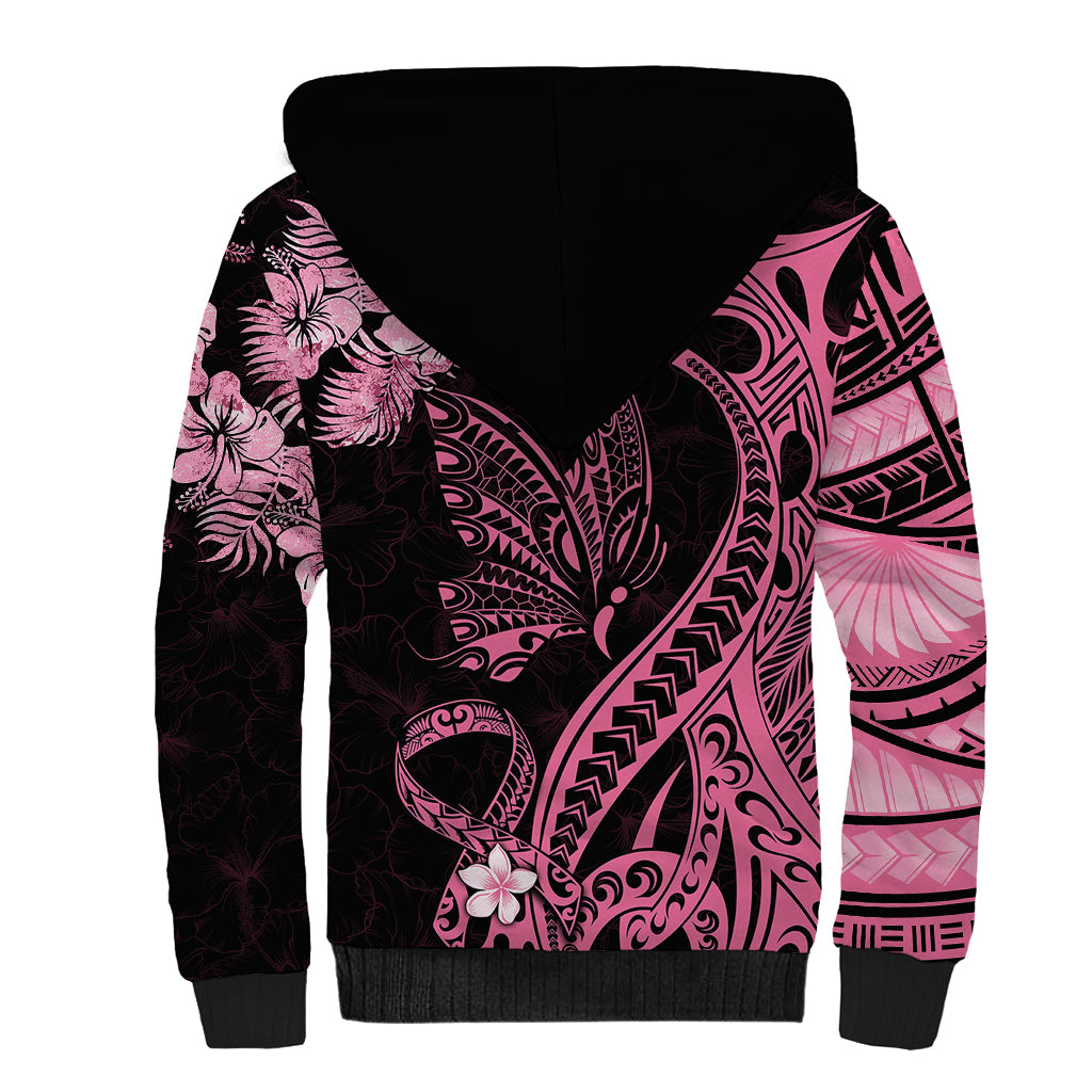 Polynesian Floral Butterfly Sherpa Hoodie Breast Cancer Pink Ribbon - Wonder Print Shop