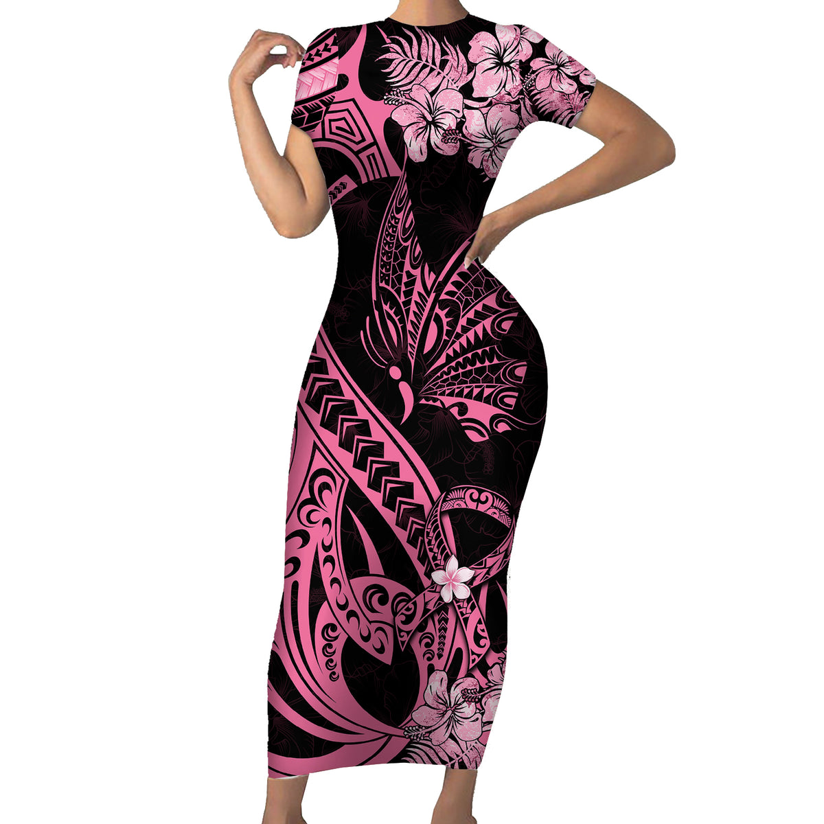 Polynesian Floral Butterfly Short Sleeve Bodycon Dress Breast Cancer Pink Ribbon - Wonder Print Shop
