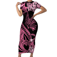 Polynesian Floral Butterfly Short Sleeve Bodycon Dress Breast Cancer Pink Ribbon - Wonder Print Shop