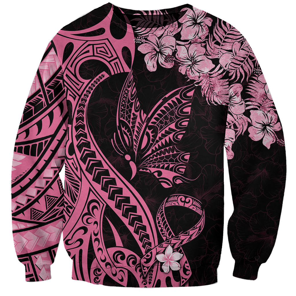 Polynesian Floral Butterfly Sweatshirt Breast Cancer Pink Ribbon - Wonder Print Shop