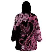 Polynesian Floral Butterfly Wearable Blanket Hoodie Breast Cancer Pink Ribbon - Wonder Print Shop