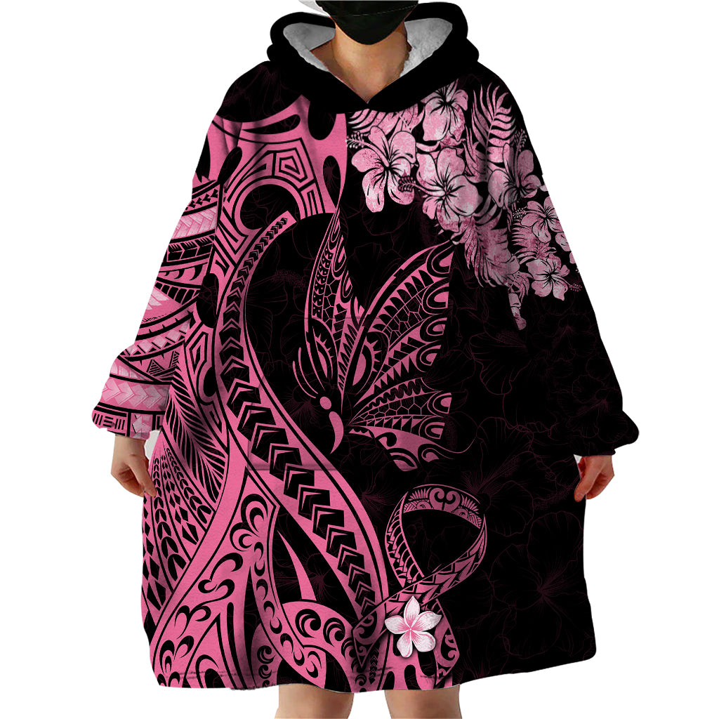 Polynesian Floral Butterfly Wearable Blanket Hoodie Breast Cancer Pink Ribbon - Wonder Print Shop