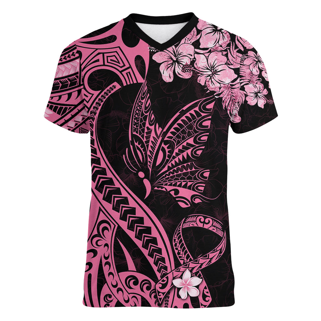 Polynesian Floral Butterfly Women V Neck T Shirt Breast Cancer Pink Ribbon - Wonder Print Shop