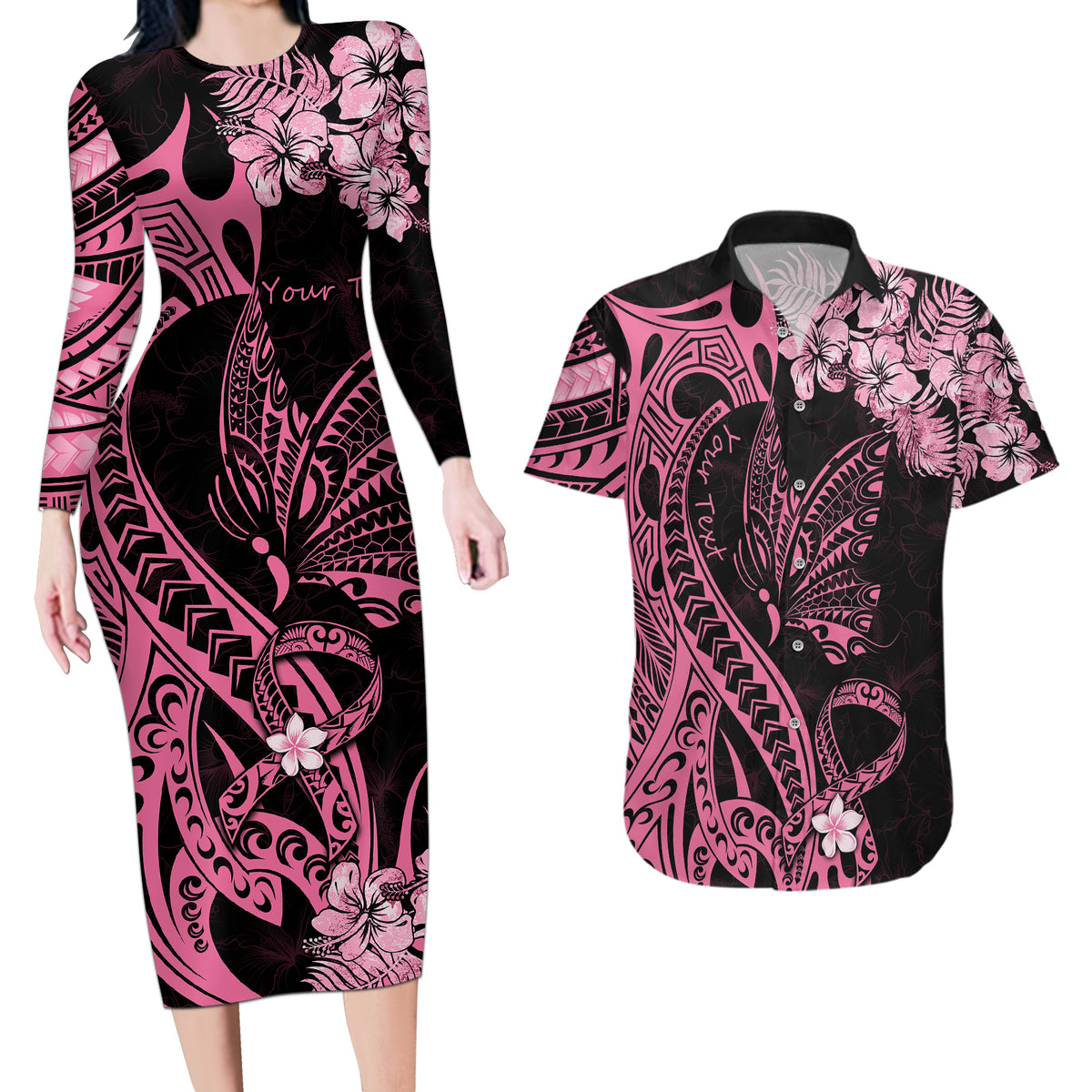 Personalised Polynesian Floral Butterfly Couples Matching Long Sleeve Bodycon Dress and Hawaiian Shirt Breast Cancer Pink Ribbon LT9 - Wonder Print Shop