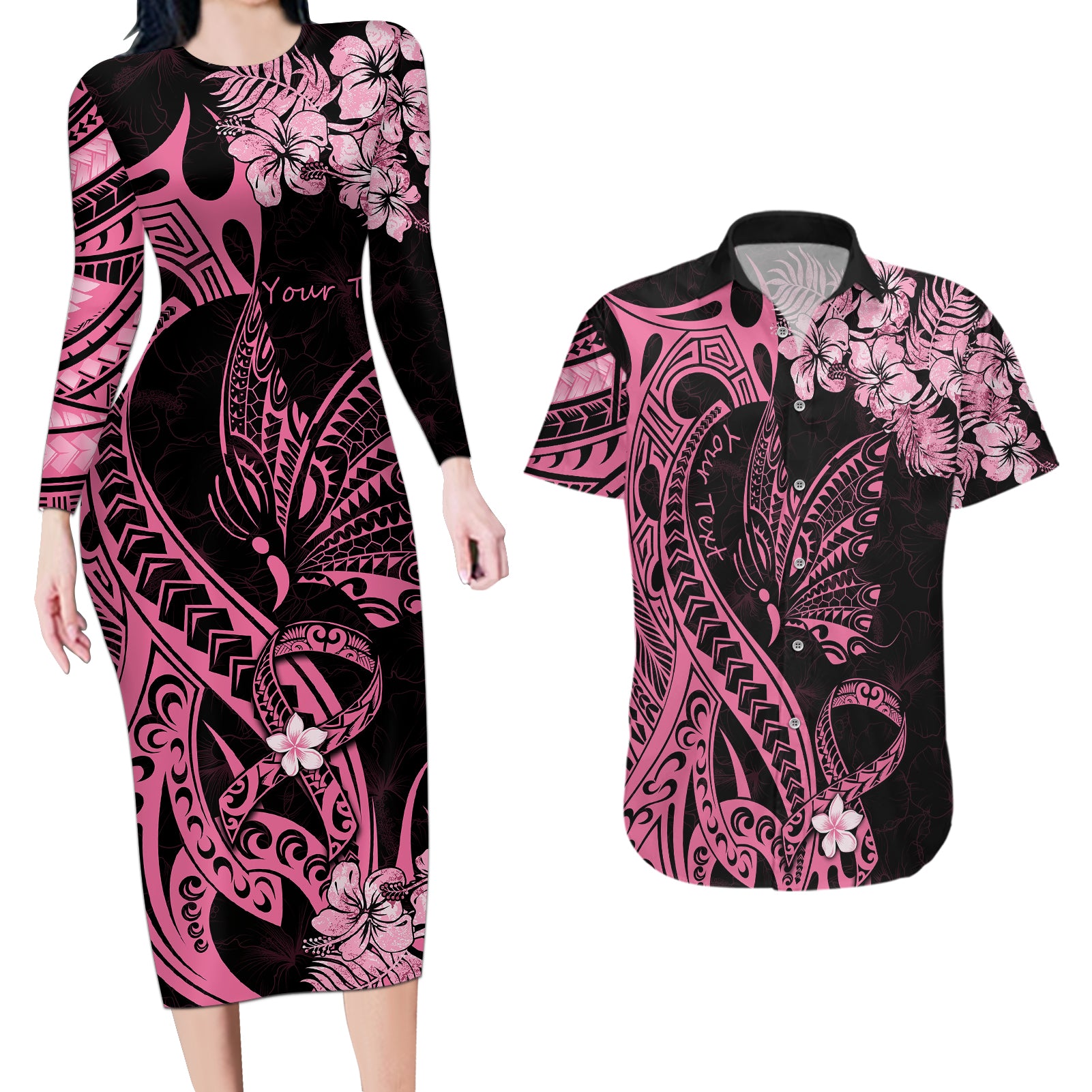 Personalised Polynesian Floral Butterfly Couples Matching Long Sleeve Bodycon Dress and Hawaiian Shirt Breast Cancer Pink Ribbon LT9 - Wonder Print Shop