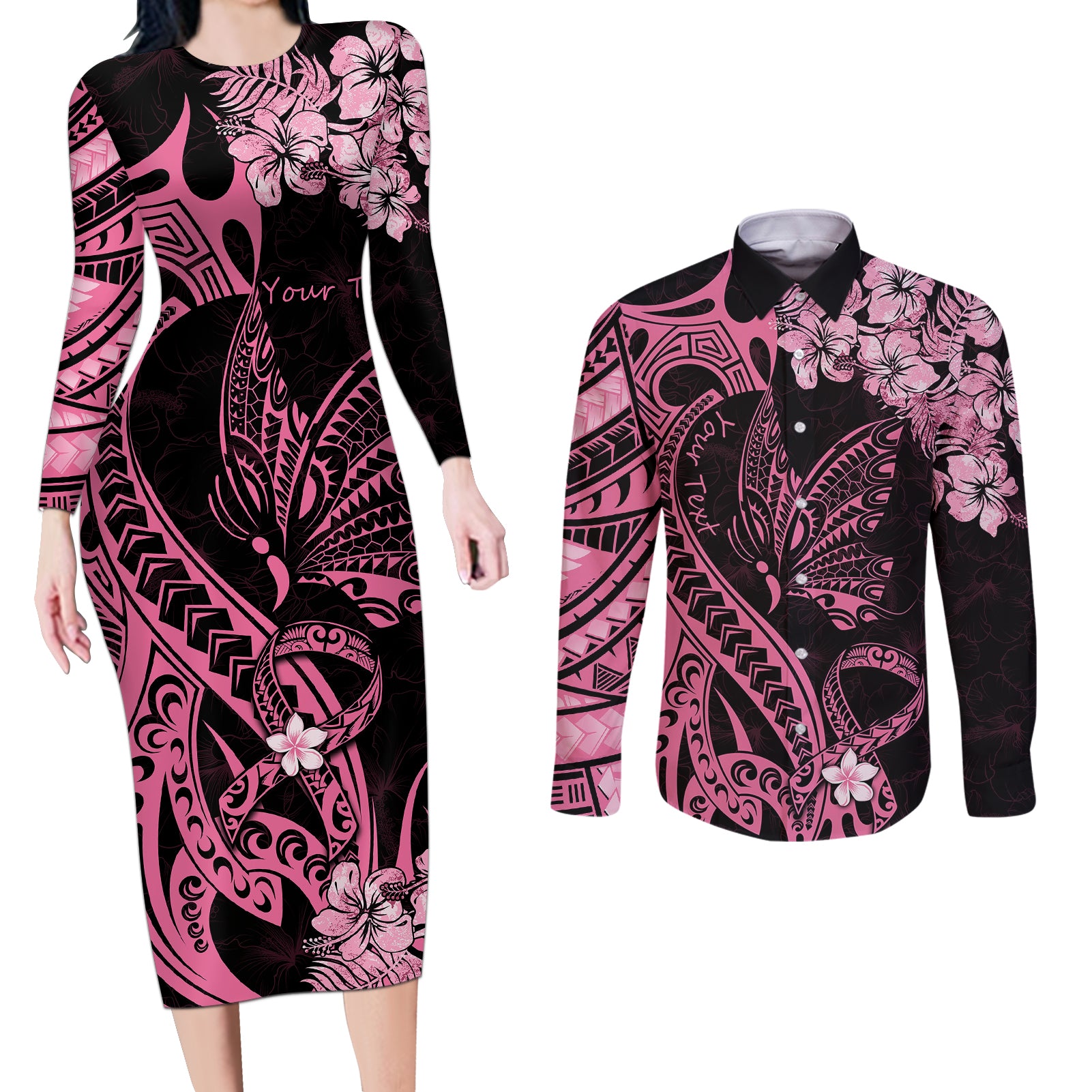 Personalised Polynesian Floral Butterfly Couples Matching Long Sleeve Bodycon Dress and Long Sleeve Button Shirts Breast Cancer Pink Ribbon LT9 - Wonder Print Shop