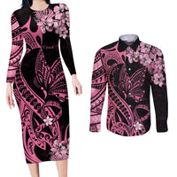 Personalised Polynesian Floral Butterfly Couples Matching Long Sleeve Bodycon Dress and Long Sleeve Button Shirts Breast Cancer Pink Ribbon LT9 - Wonder Print Shop