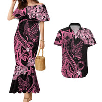 Personalised Polynesian Floral Butterfly Couples Matching Mermaid Dress and Hawaiian Shirt Breast Cancer Pink Ribbon LT9 - Wonder Print Shop