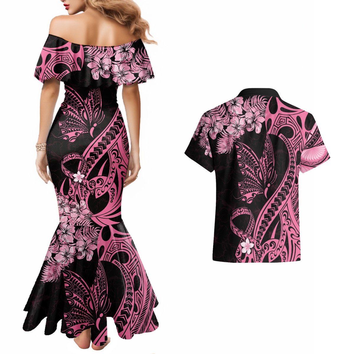 Personalised Polynesian Floral Butterfly Couples Matching Mermaid Dress and Hawaiian Shirt Breast Cancer Pink Ribbon LT9 - Wonder Print Shop
