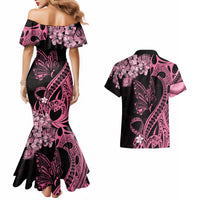 Personalised Polynesian Floral Butterfly Couples Matching Mermaid Dress and Hawaiian Shirt Breast Cancer Pink Ribbon LT9 - Wonder Print Shop