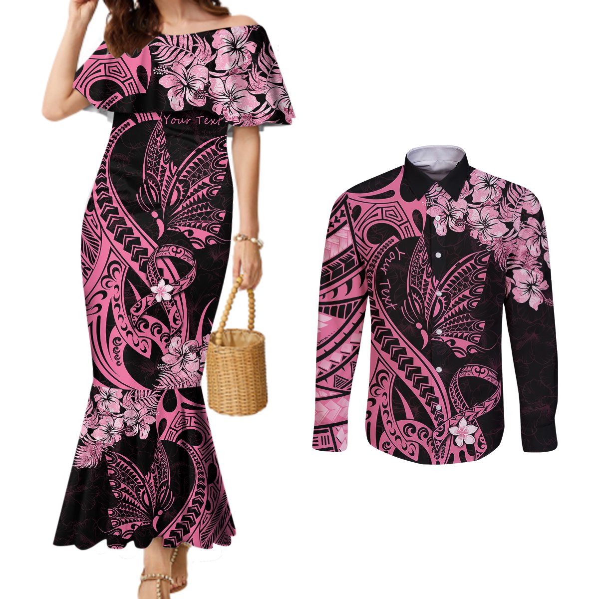 personalised-polynesian-floral-butterfly-couples-matching-mermaid-dress-and-long-sleeve-button-shirts-breast-cancer-pink-ribbon