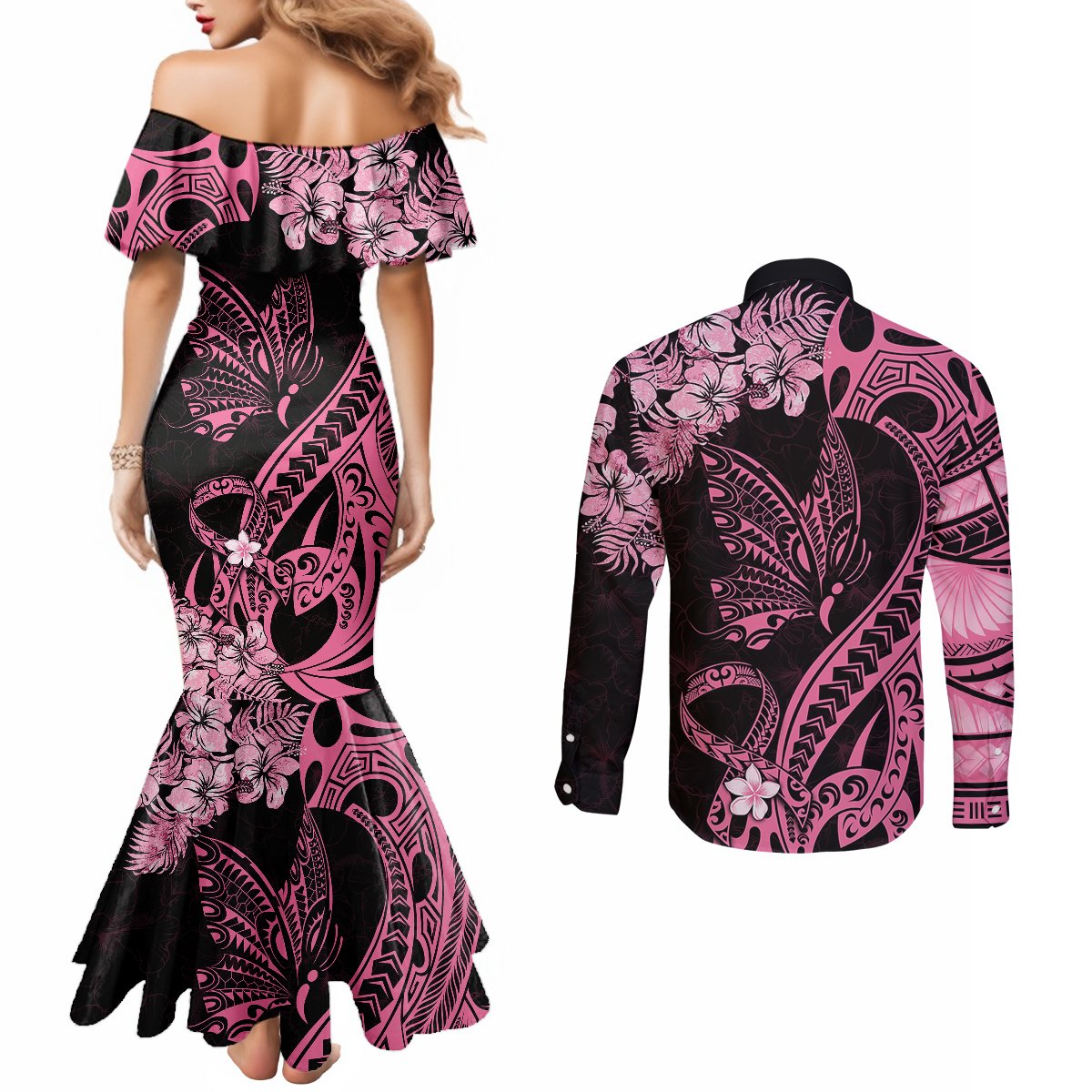 personalised-polynesian-floral-butterfly-couples-matching-mermaid-dress-and-long-sleeve-button-shirts-breast-cancer-pink-ribbon