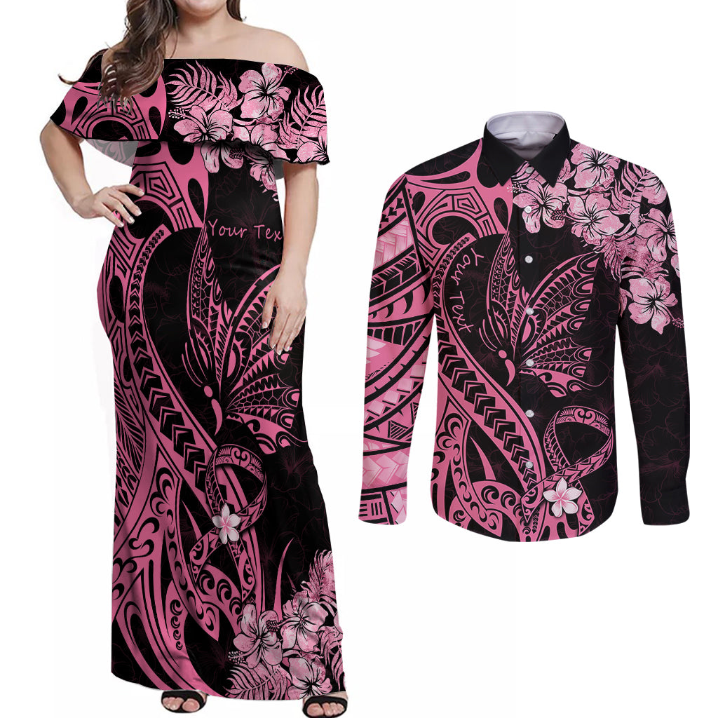 Personalised Polynesian Floral Butterfly Couples Matching Off Shoulder Maxi Dress and Long Sleeve Button Shirts Breast Cancer Pink Ribbon LT9 - Wonder Print Shop