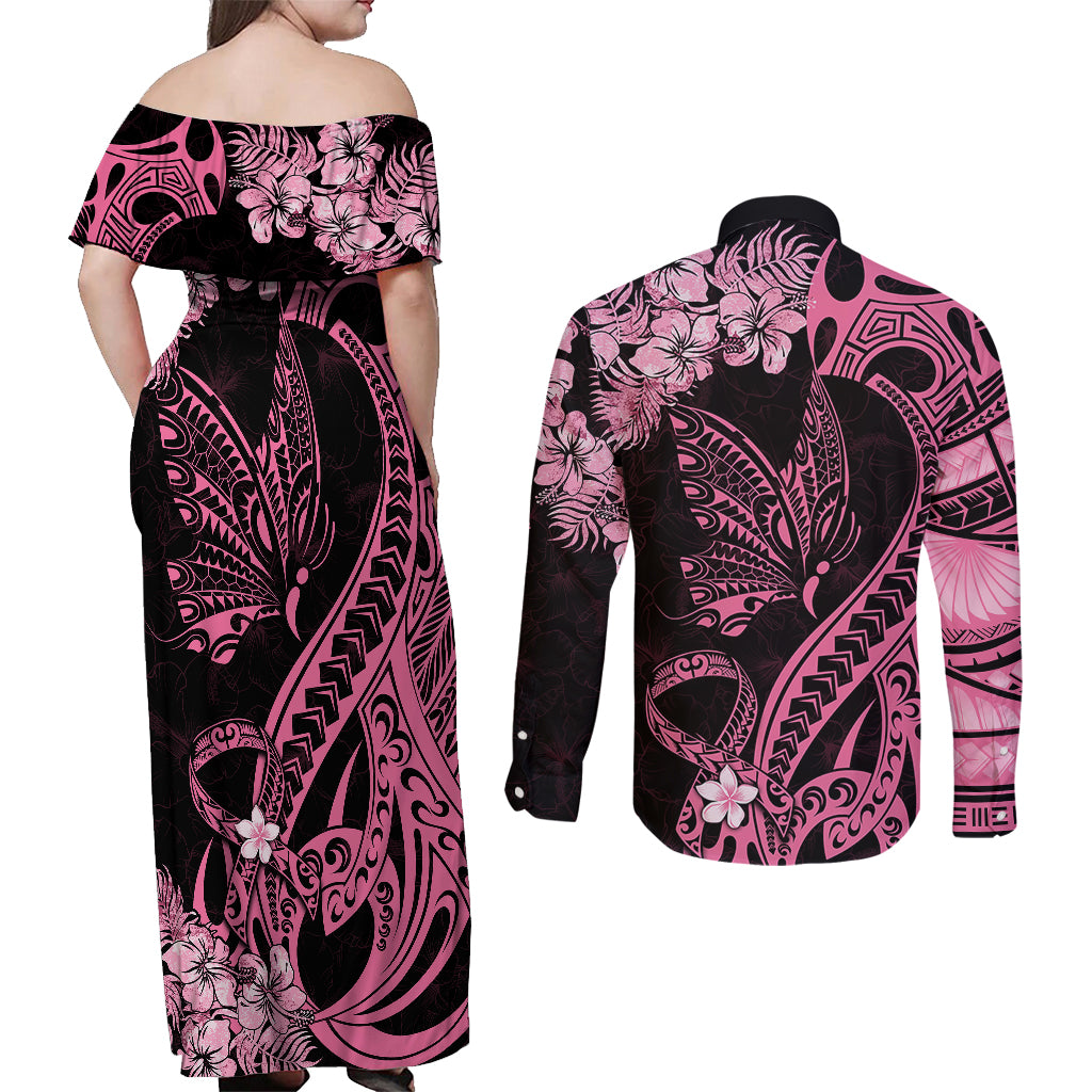 Personalised Polynesian Floral Butterfly Couples Matching Off Shoulder Maxi Dress and Long Sleeve Button Shirts Breast Cancer Pink Ribbon LT9 - Wonder Print Shop