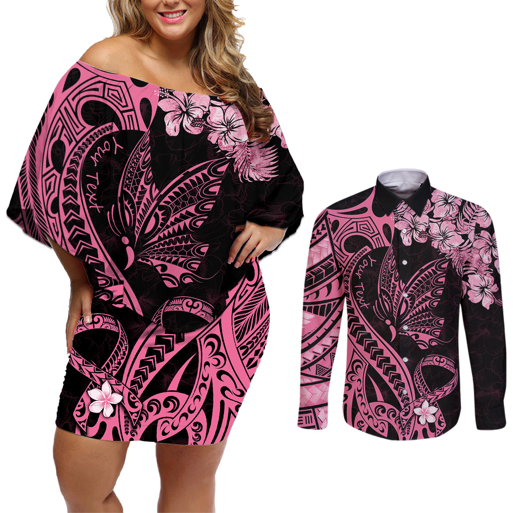 Personalised Polynesian Floral Butterfly Couples Matching Off Shoulder Short Dress and Long Sleeve Button Shirts Breast Cancer Pink Ribbon LT9 - Wonder Print Shop