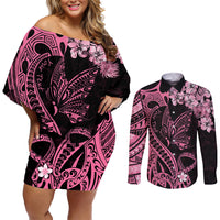 Personalised Polynesian Floral Butterfly Couples Matching Off Shoulder Short Dress and Long Sleeve Button Shirts Breast Cancer Pink Ribbon LT9 - Wonder Print Shop
