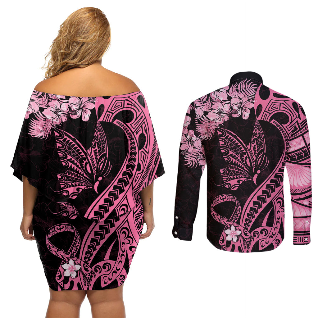 Personalised Polynesian Floral Butterfly Couples Matching Off Shoulder Short Dress and Long Sleeve Button Shirts Breast Cancer Pink Ribbon LT9 - Wonder Print Shop