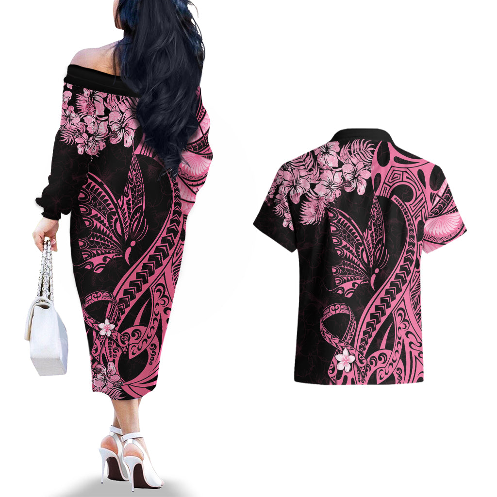 Personalised Polynesian Floral Butterfly Couples Matching Off The Shoulder Long Sleeve Dress and Hawaiian Shirt Breast Cancer Pink Ribbon LT9 - Wonder Print Shop