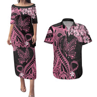 Personalised Polynesian Floral Butterfly Couples Matching Puletasi Dress and Hawaiian Shirt Breast Cancer Pink Ribbon LT9 - Wonder Print Shop