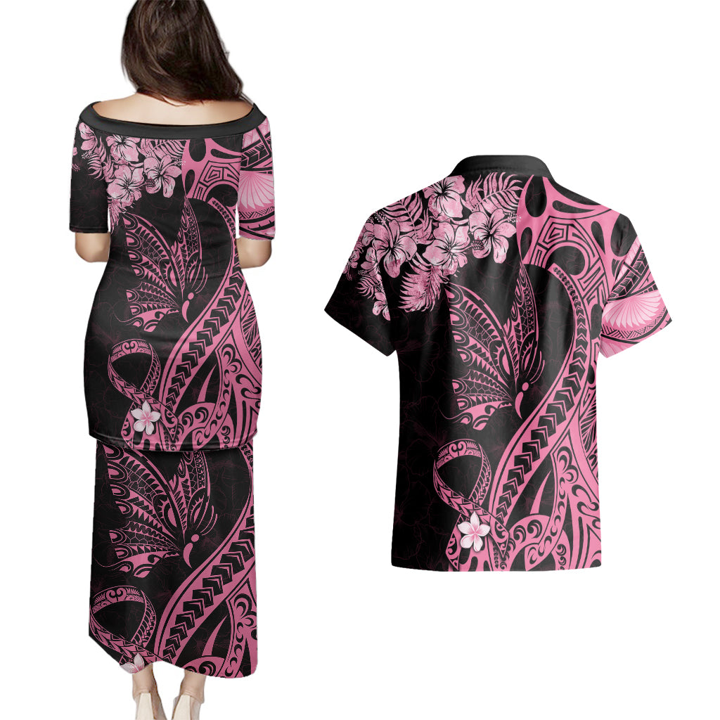 Personalised Polynesian Floral Butterfly Couples Matching Puletasi Dress and Hawaiian Shirt Breast Cancer Pink Ribbon LT9 - Wonder Print Shop
