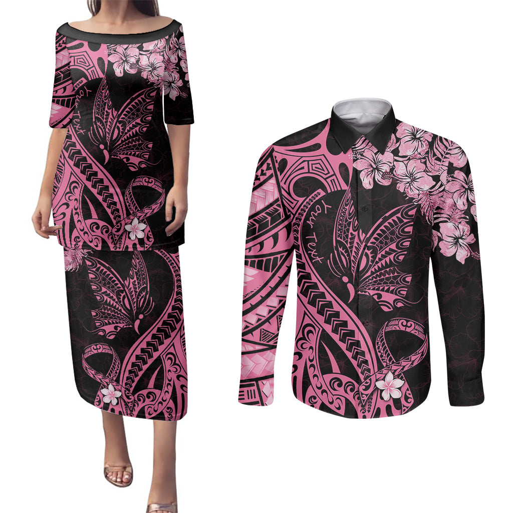 Personalised Polynesian Floral Butterfly Couples Matching Puletasi Dress and Long Sleeve Button Shirts Breast Cancer Pink Ribbon LT9 - Wonder Print Shop