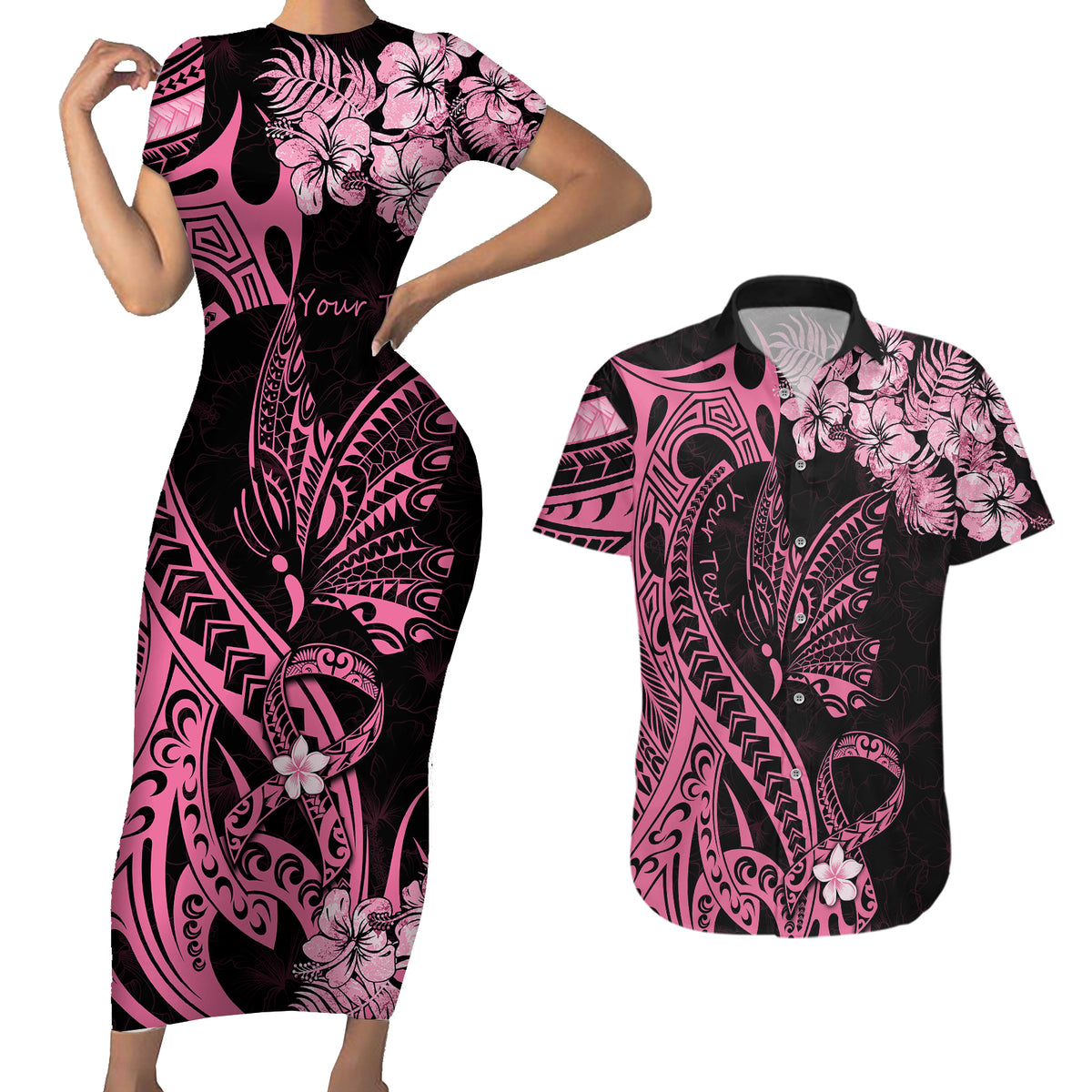 Personalised Polynesian Floral Butterfly Couples Matching Short Sleeve Bodycon Dress and Hawaiian Shirt Breast Cancer Pink Ribbon LT9 - Wonder Print Shop