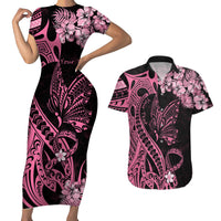 Personalised Polynesian Floral Butterfly Couples Matching Short Sleeve Bodycon Dress and Hawaiian Shirt Breast Cancer Pink Ribbon LT9 - Wonder Print Shop