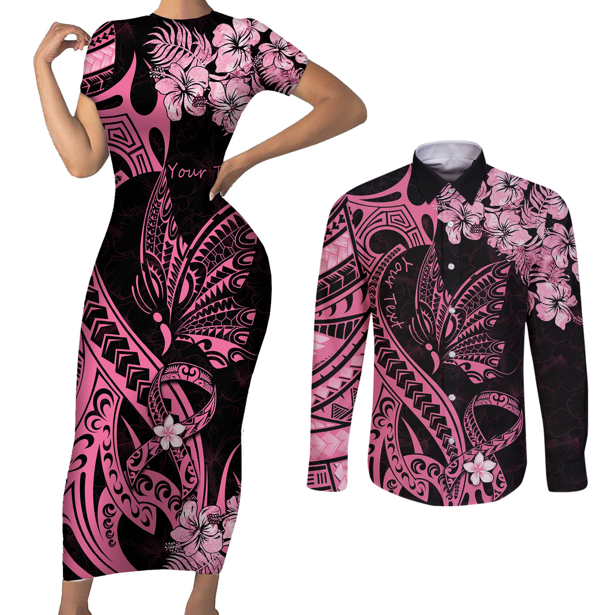 Personalised Polynesian Floral Butterfly Couples Matching Short Sleeve Bodycon Dress and Long Sleeve Button Shirts Breast Cancer Pink Ribbon LT9 - Wonder Print Shop