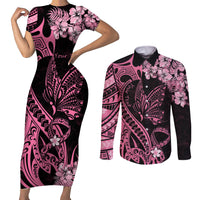 Personalised Polynesian Floral Butterfly Couples Matching Short Sleeve Bodycon Dress and Long Sleeve Button Shirts Breast Cancer Pink Ribbon LT9 - Wonder Print Shop
