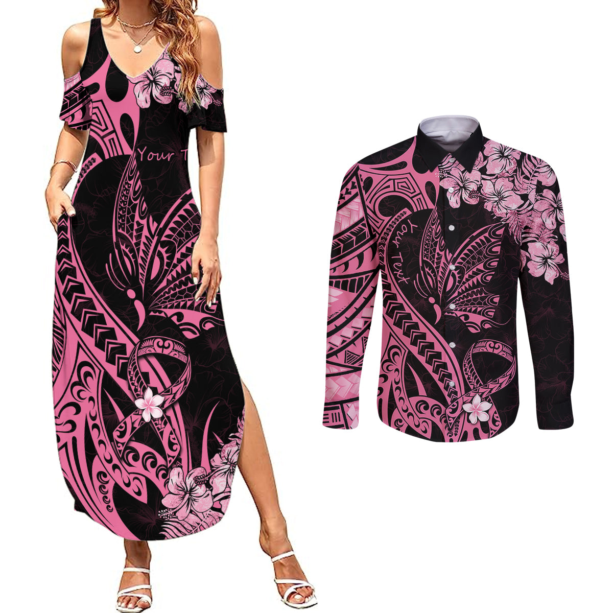 Personalised Polynesian Floral Butterfly Couples Matching Summer Maxi Dress and Long Sleeve Button Shirts Breast Cancer Pink Ribbon LT9 - Wonder Print Shop