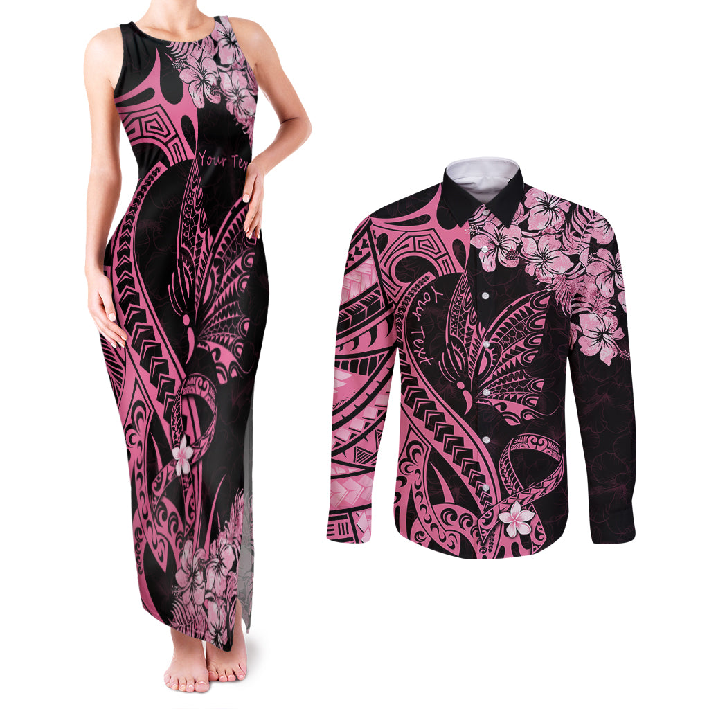 Personalised Polynesian Floral Butterfly Couples Matching Tank Maxi Dress and Long Sleeve Button Shirts Breast Cancer Pink Ribbon LT9 - Wonder Print Shop