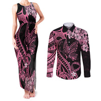 Personalised Polynesian Floral Butterfly Couples Matching Tank Maxi Dress and Long Sleeve Button Shirts Breast Cancer Pink Ribbon LT9 - Wonder Print Shop