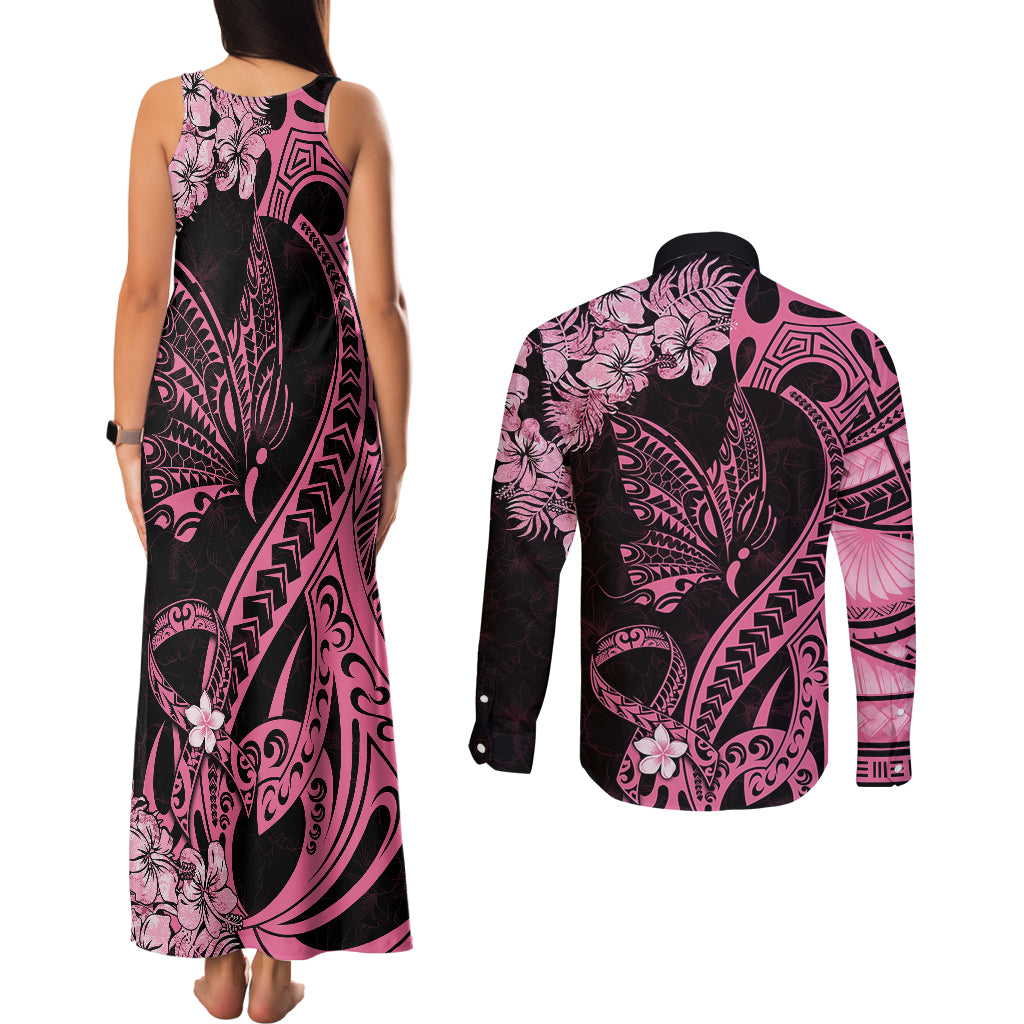Personalised Polynesian Floral Butterfly Couples Matching Tank Maxi Dress and Long Sleeve Button Shirts Breast Cancer Pink Ribbon LT9 - Wonder Print Shop