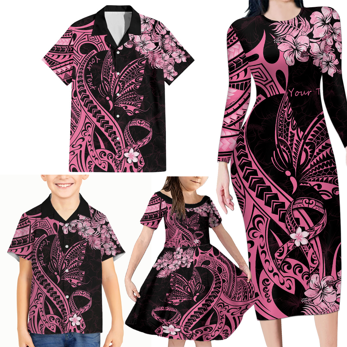 Personalised Polynesian Floral Butterfly Family Matching Long Sleeve Bodycon Dress and Hawaiian Shirt Breast Cancer Pink Ribbon LT9 - Wonder Print Shop