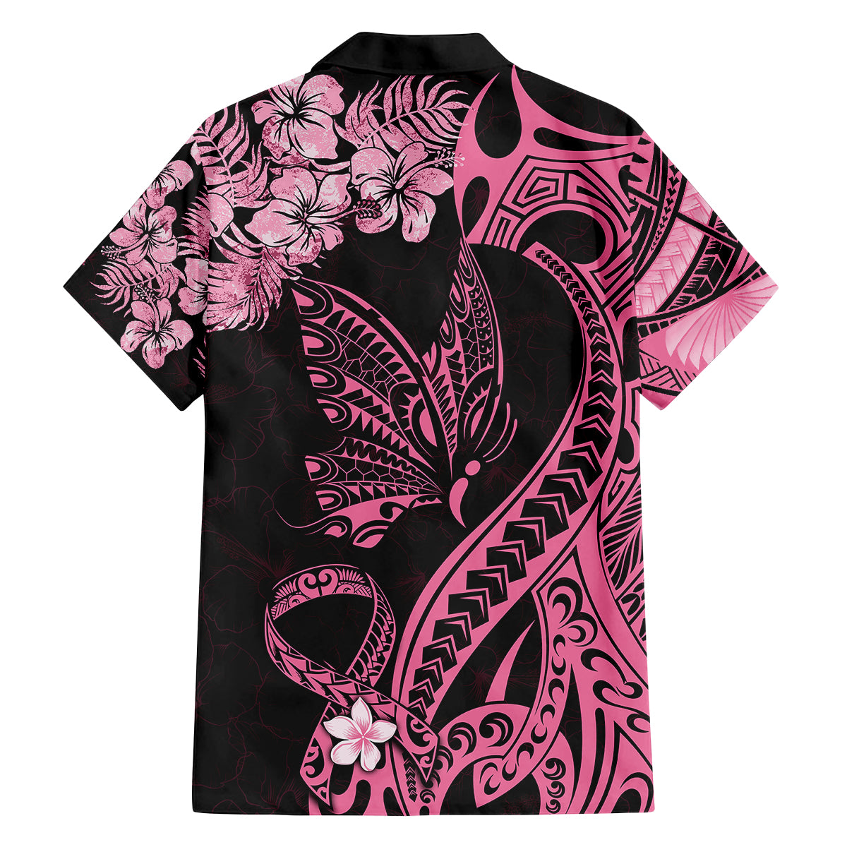 Personalised Polynesian Floral Butterfly Family Matching Long Sleeve Bodycon Dress and Hawaiian Shirt Breast Cancer Pink Ribbon LT9 - Wonder Print Shop
