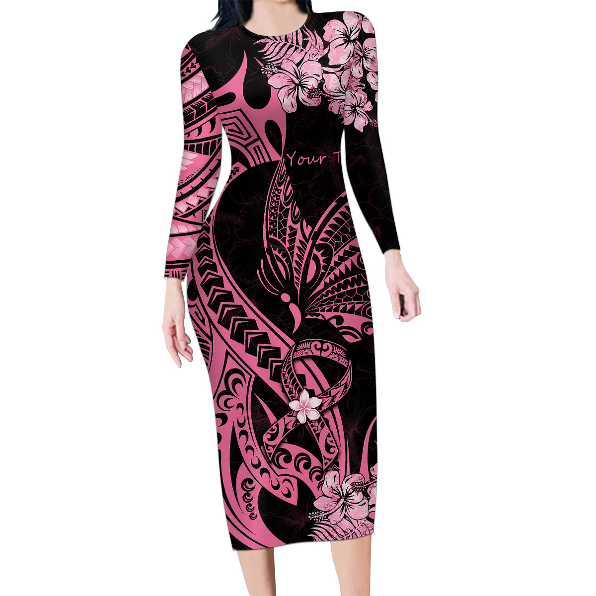 Personalised Polynesian Floral Butterfly Family Matching Long Sleeve Bodycon Dress and Hawaiian Shirt Breast Cancer Pink Ribbon LT9 - Wonder Print Shop